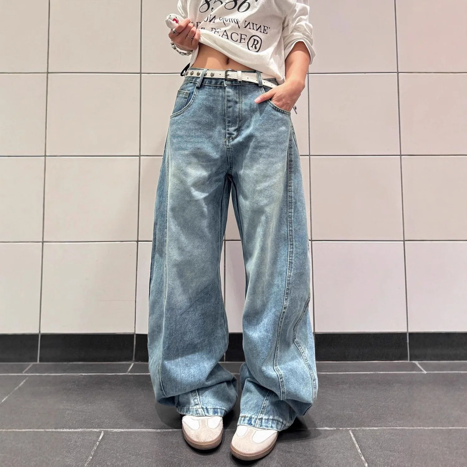 American Retro Letter Printed Jeans for Women's Spring and Autumn New Styles Loose and Slimming Wide Leg Pants