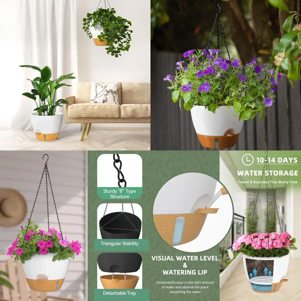 

Набор из 2 прочных пластиковых подвесных кашпо с системой автополива и дренажем для использования в помещении или на улице (белые)