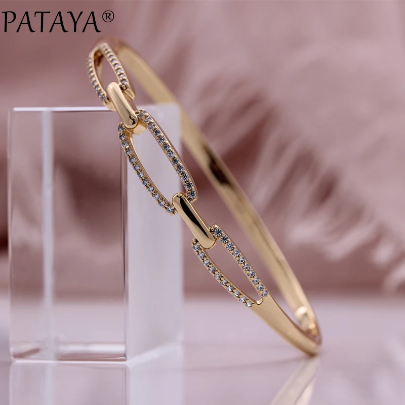 PATAYA New Romantic Women Luxury Bangles 585 Rose Gold Color Wedding Geometric Fashion Jewelry Natural Zircon Hollow Bangle