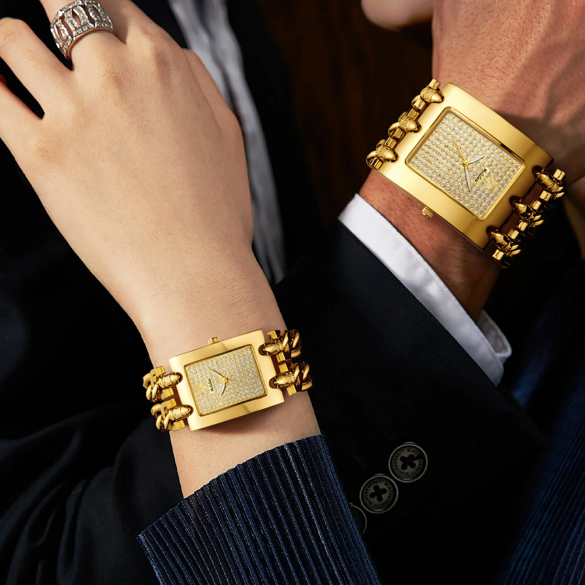Full-diamond dial double-chain couple's wristwatch for men and women quartz watch fashion wristwatch