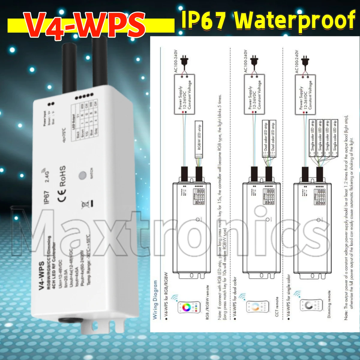 

V4-WPS 12-36VDC 4-канальный радиочастотный контроллер постоянного напряжения, диммер IP67, водонепроницаемый, 4 канала * 5A для одноцветной светодиодной ленты RGBW RGB CCT