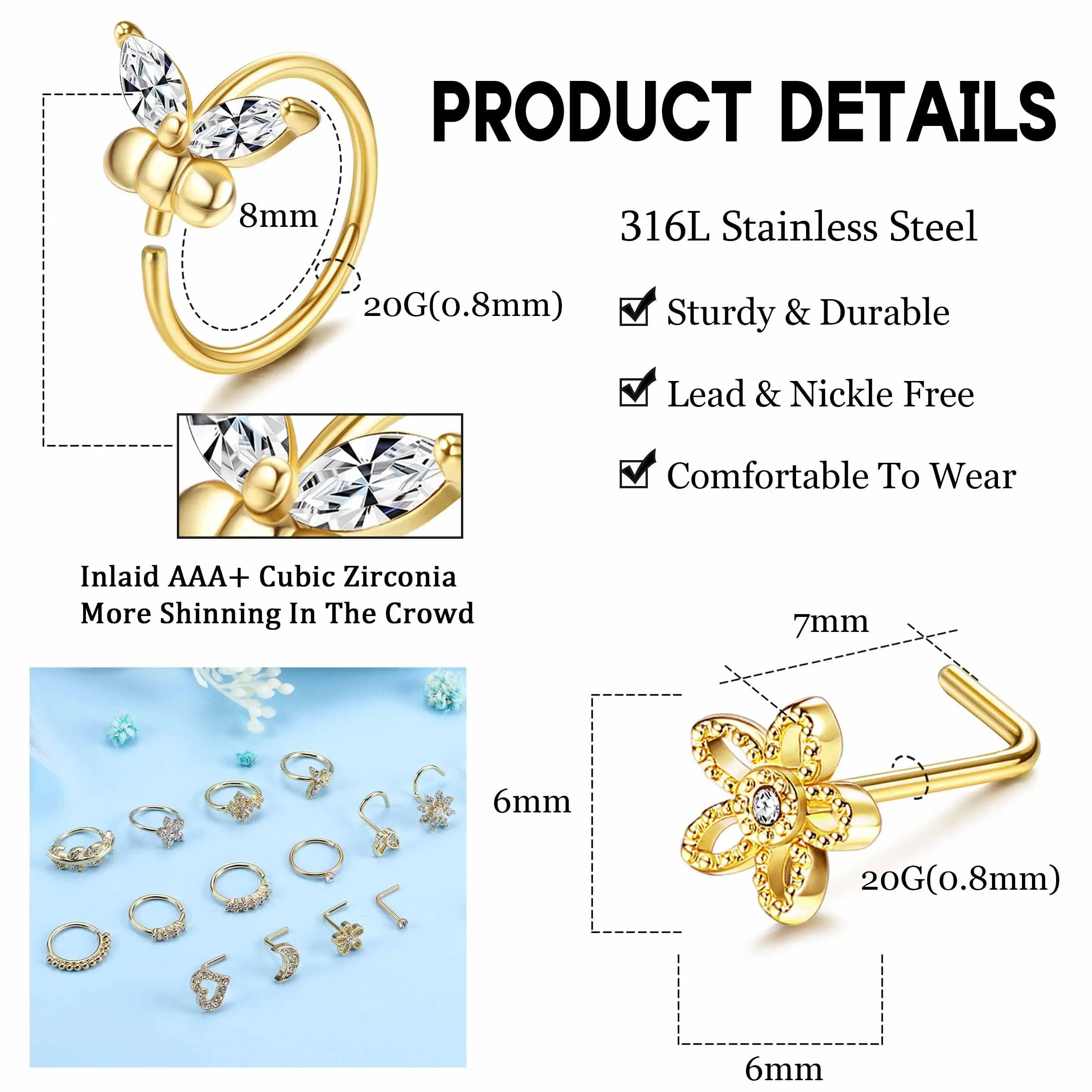 Drperfect Nose Rings Studs for Women Surgical Steel 20G Nose Hoop Corkscrew L Shaped Nose Stud Nose Ring Nose Piercing Jewelry