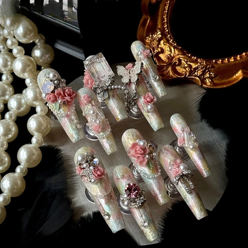 

Nail art wearing nail flower smudge zircon gentle pure handmade chain