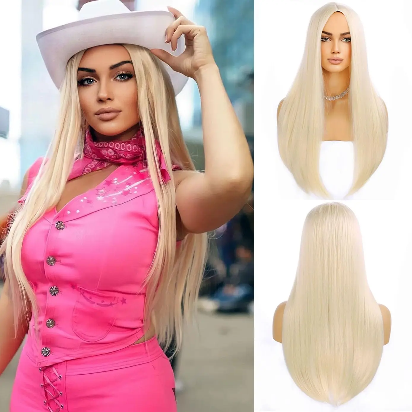 Peluca larga rubia para mujer, pelucas de pelo liso para disfraz de niña, sintética resistente al calor para fiesta de Cosplay o peluca de uso diario