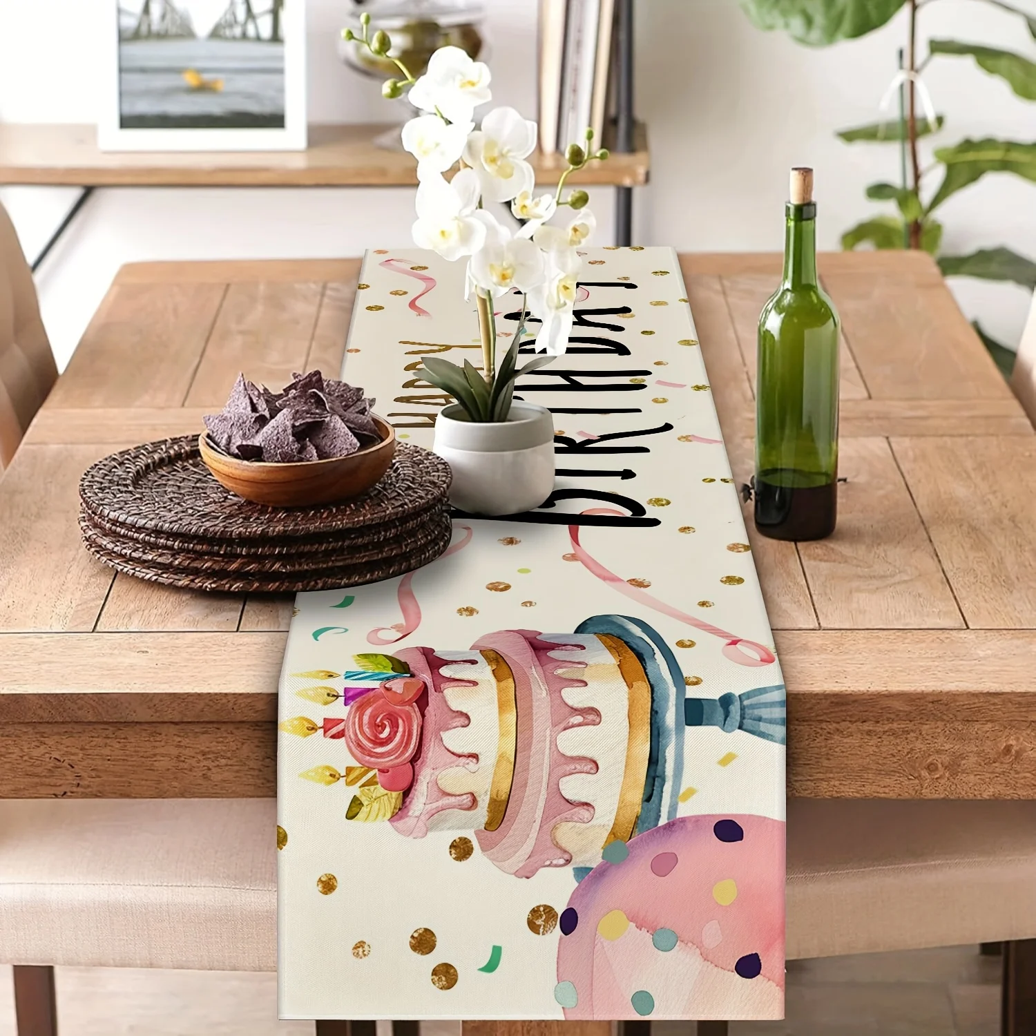 1 Piece of Colorful Watercolor Cake, Balloon, and Confetti Pattern Table Runner, Suitable for Farmhouse, Indoor, Kitchen, Celebrations, Table Decoration, Restaurant, and Banquet Decoration Supplies