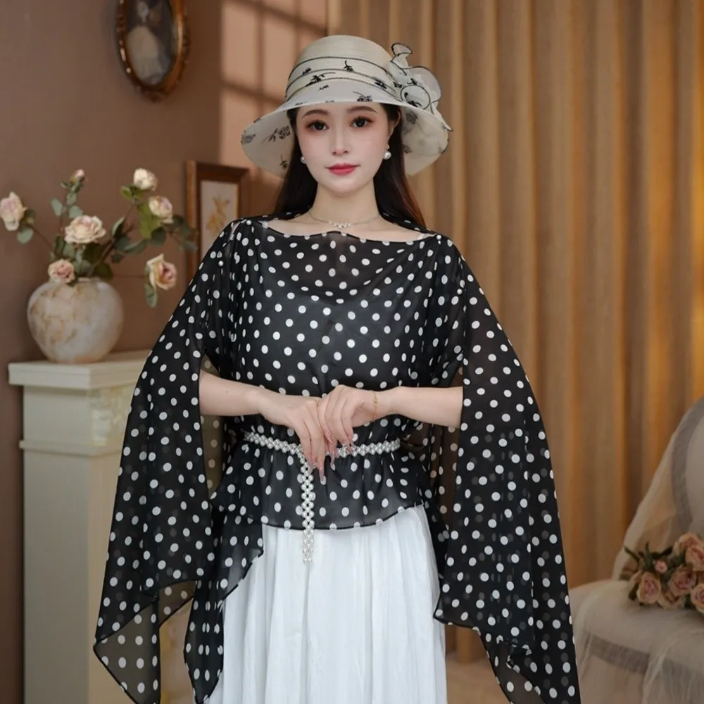 Breathable Mesh Transparent Sunscreen Cover-up Elegant Polka Dot Beach Cover-Up Cloak Loose Fit Sheer Shawl Top Outdoor