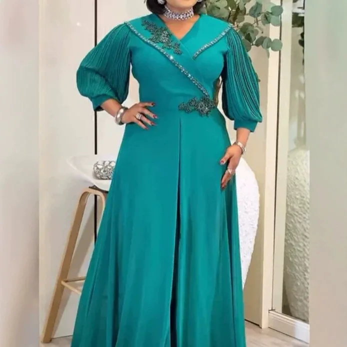 

QMANSHA Custom Teal Chiffon Evening Dress Pleated Puff Sleeve V-Neck Beaded Lace Appliqué Formal Party Gown Plus Size for Women