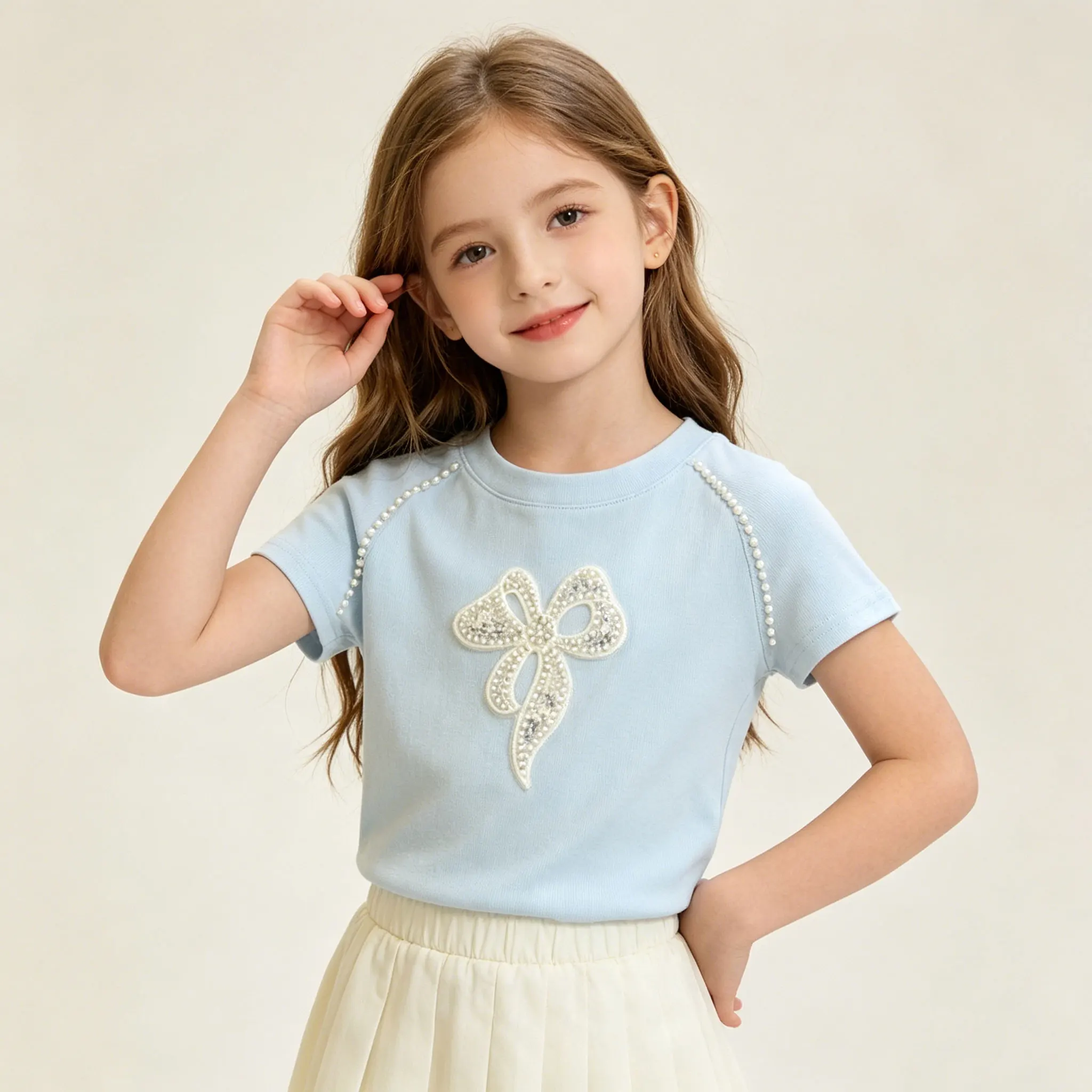 Girls T-shirts 2026 Summer Short-sleeved Tops for Kids Bead Embroidered Bow Children Design Tops Toddler Outfits Baby Clothes