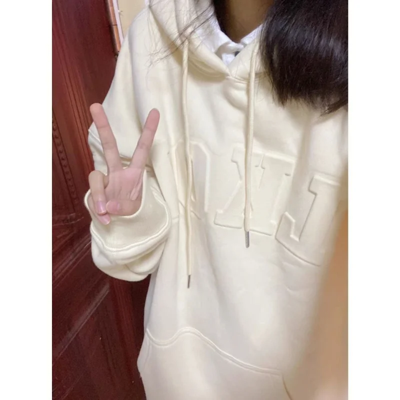 

Apricot Women Sweatshirt Hoodie Vintage Letter Plush Jacket Long Sleeve Korean Fashion Casual Y2K Style Autumn NEW Female Tops