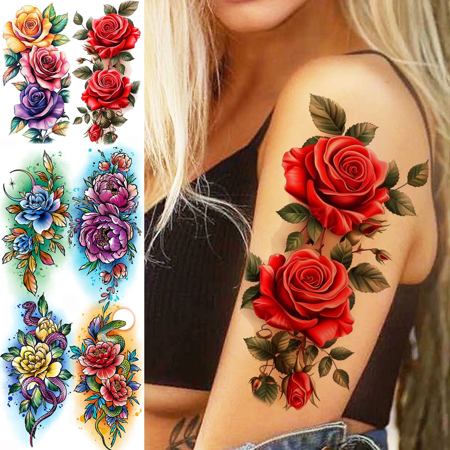 

1 Sheet Watercolor 3D Peony Rose Flowers Temporary Tattoos For Women Long Lasting Body Art Tatoos Waterproof Fake Tattoo Sticker