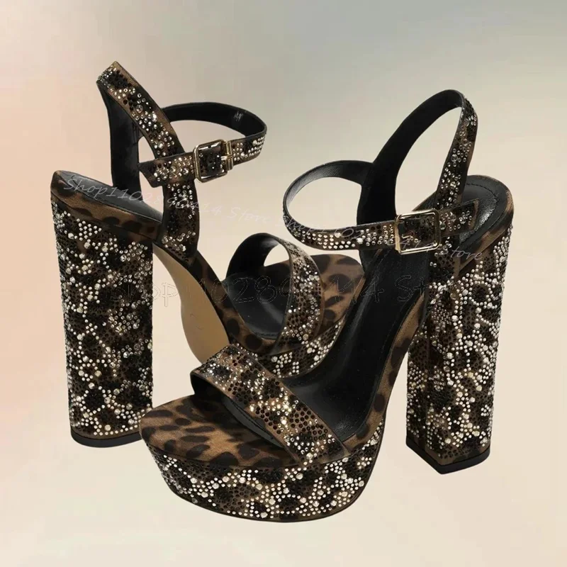 

Crystal Leopard Print Open Toe Platform Sandals Ankle Buckle Strap Women Shoes Chunky High Heels Novel 2025 Zapatos Para Mujere