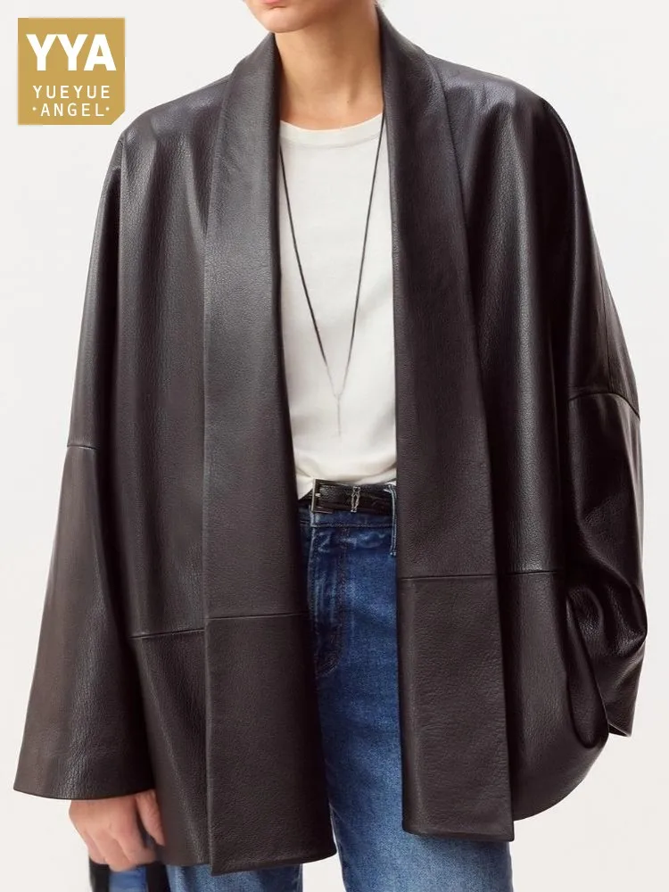 Concise Style Female Solid Color Genuine Leather Jacket Loose V-Neck Handmade Long Sleeves Elegant Fashion Sheepskin Outerwear