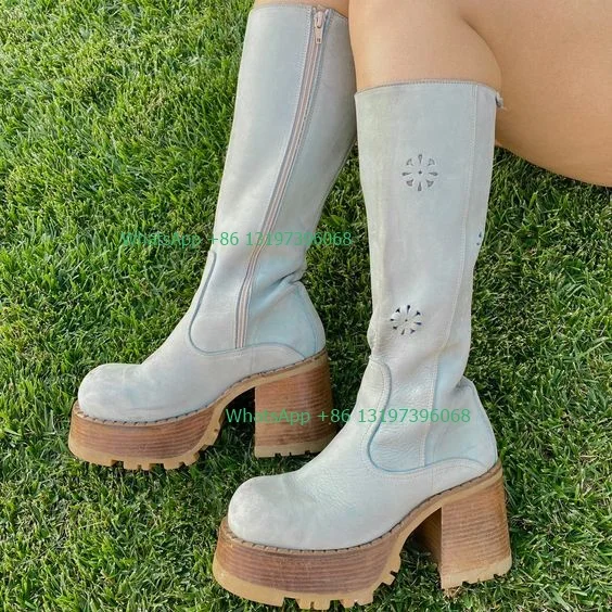 Lady PU Hollow Daisy Design Cowboy Boots Chunky Heel Side Zip Knee Boots Party Daily Platform Fall Shoes Leather Suede Boots 46