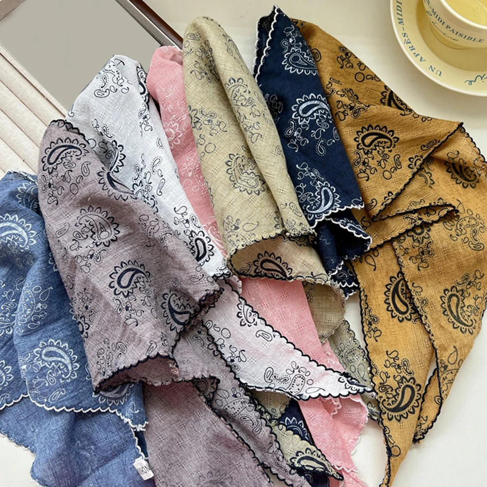 Syal segitiga Linen katun lembut syal kepala leher motif bunga syal kepala syal dekoratif bandana panjang syal warna Solid