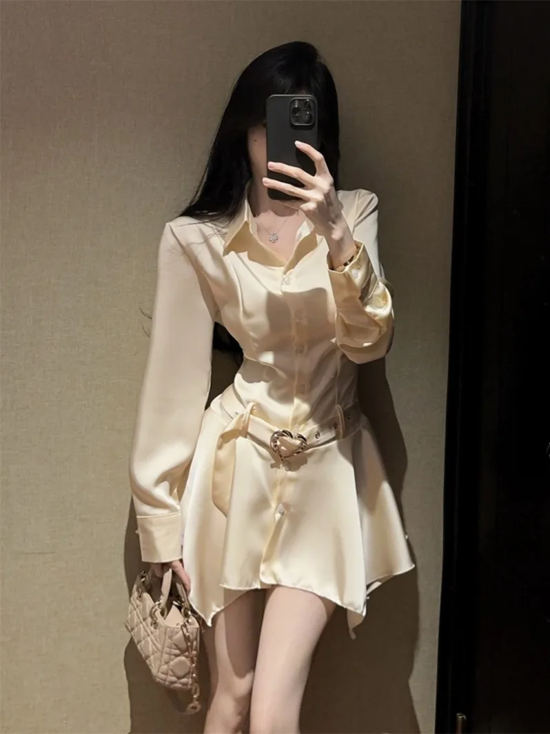 

Ele Long Sve A-Line Dr Women's High-End Sensation Pearl Satin Collar Single Button irt Dr Luxury Faion Trend