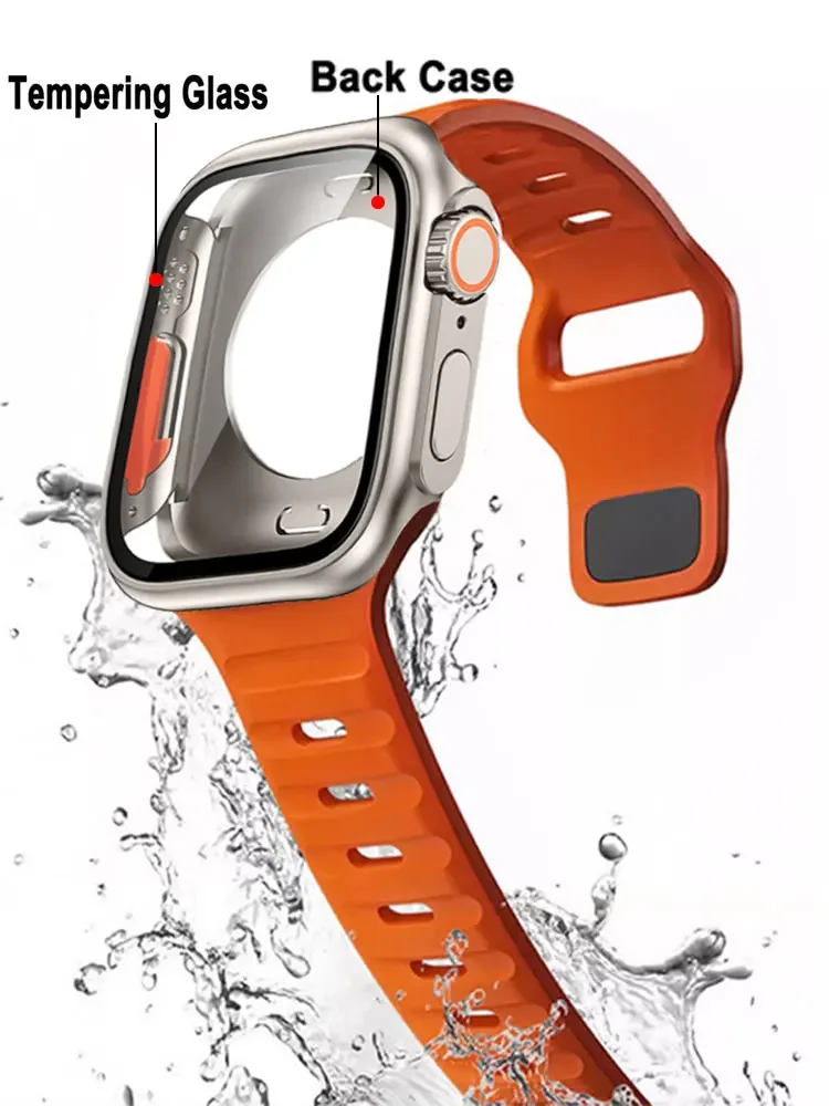 

Silicone Strap For Apple Watch Band 44mm 45mm 41mm 40mm Tempered Glass+Cover Change to Ultra Case iWatch Series 9 8 7 SE 6 5 3