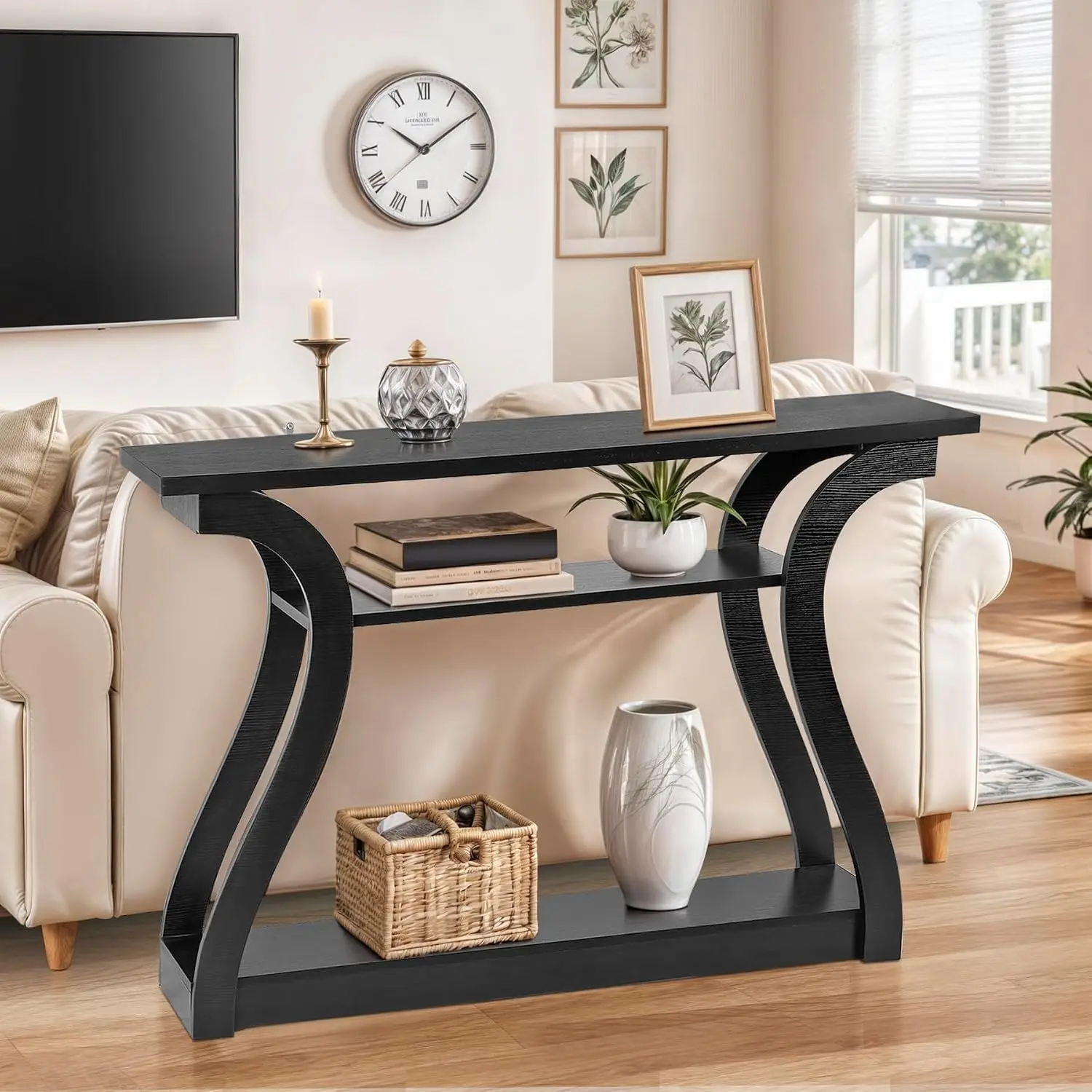 Wood Console Table with Charging Station 3 Tier Accent Sofa Table for Entryway Living Room Hallway 49in, Customized