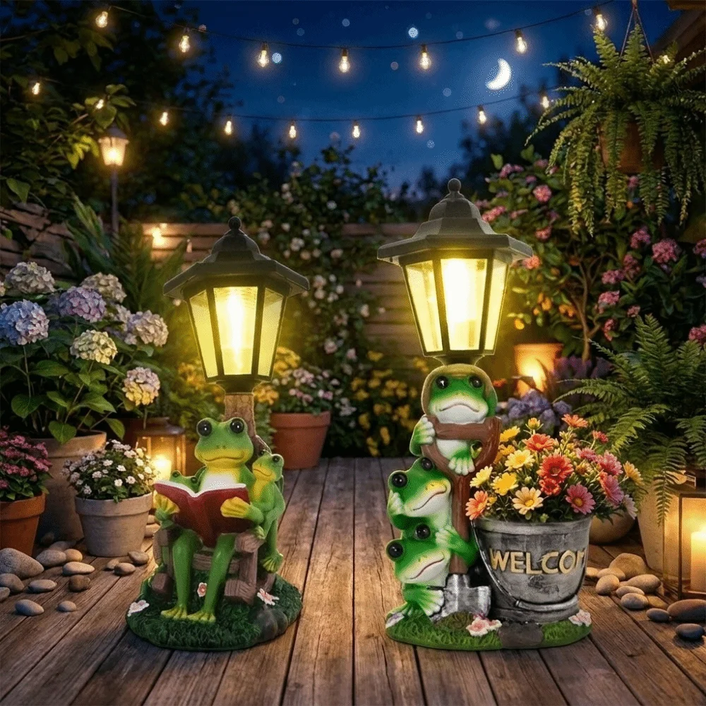 Resin Frog Statue Solar Light Weatherproof Decorative Frog Plant Pot Light Lifelike Animal Figurine Solar Frog Lamp