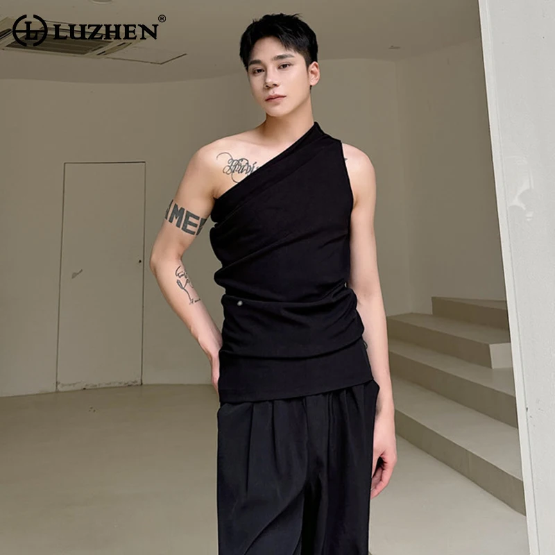 

LUZHEN Personalized Trendy Slant Shoulder Slim Fit Sleeveless Vests Original Plain Men's Street Tank Tops Free Shipping LZ3720