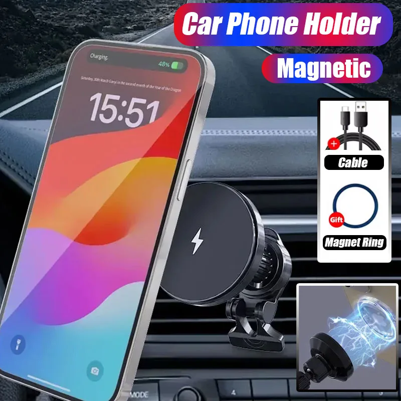 

360 ° Вращающееся магнитное автомобильное беспроводное зарядное устройство, автоматическое крепление, держатель для телефона, крепление для вентиляционного отверстия для iPhone 16, 15, станция быстрой зарядки