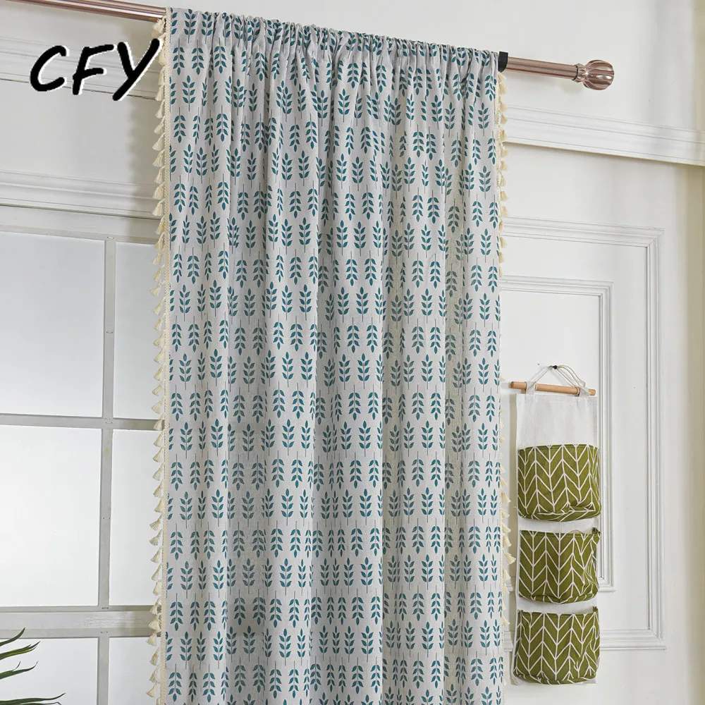 Green Wheat Ear Print Window Curtain with Tassel Valance for The Luxury Living Room Easy Drape Curtains for Living Room