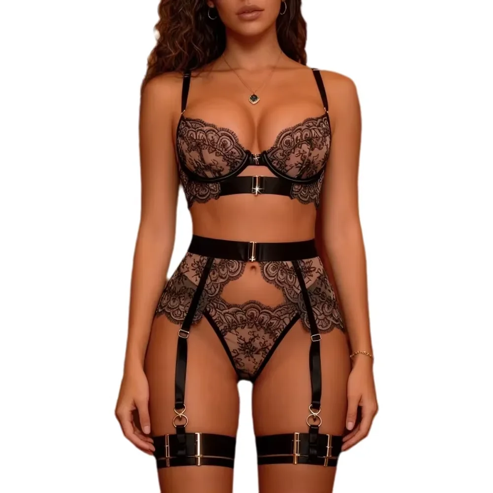 

Роскошное черное нижнее белье Chuangerm с подтяжками, кружевной сетчатый бюстгальтер с вышивкой и стринги, эротический комплект из 4 предметов