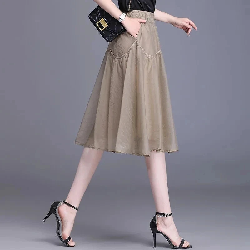 2023 New Women's Skirt Fashion All Match High Waist Skirt Women Summer Elegant Thin Casual Elastic Waist A Word Skirts Female