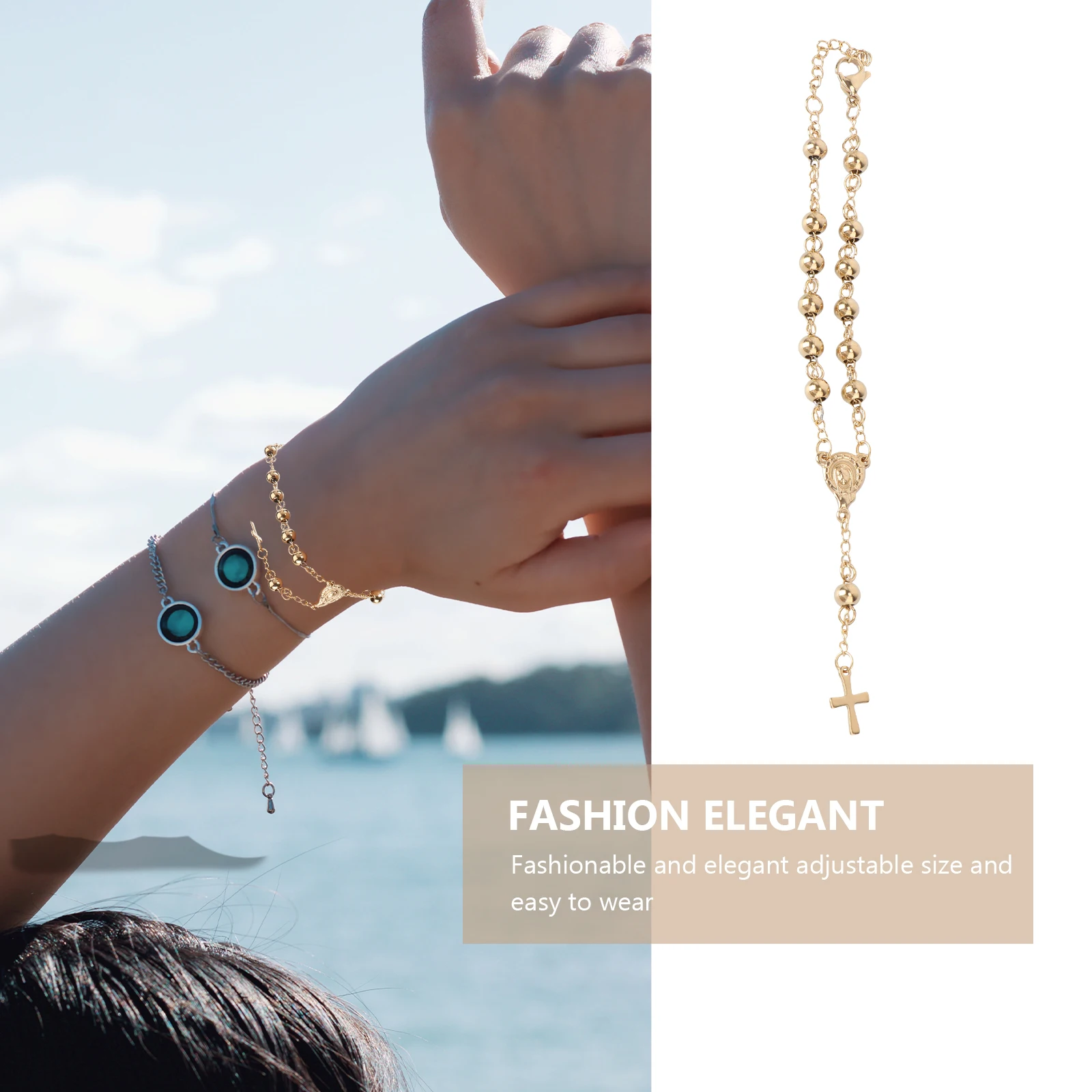 

Prayer Beads Bracelet Cross Wrist Jewelry Men Charm Chain Decoration Golden Rosary Miss