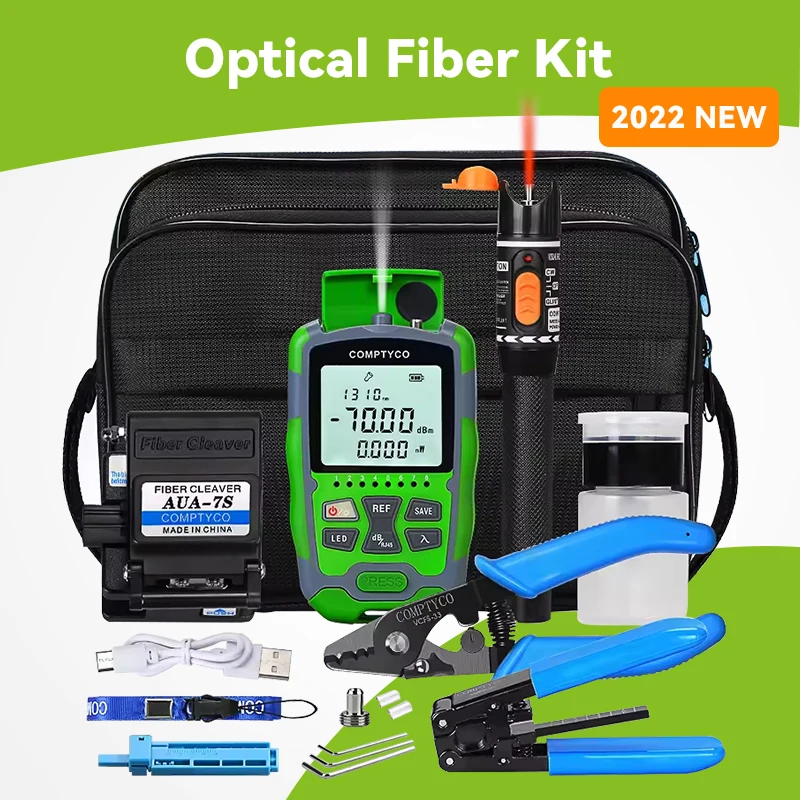 FTTH Fiber Optic Tool Kit with AUA-7S Fiber Cleaver -70~+10dBm/-50~+26dBm 3 in 1 Mini Optical Power 10mw Visual Fault Locator
