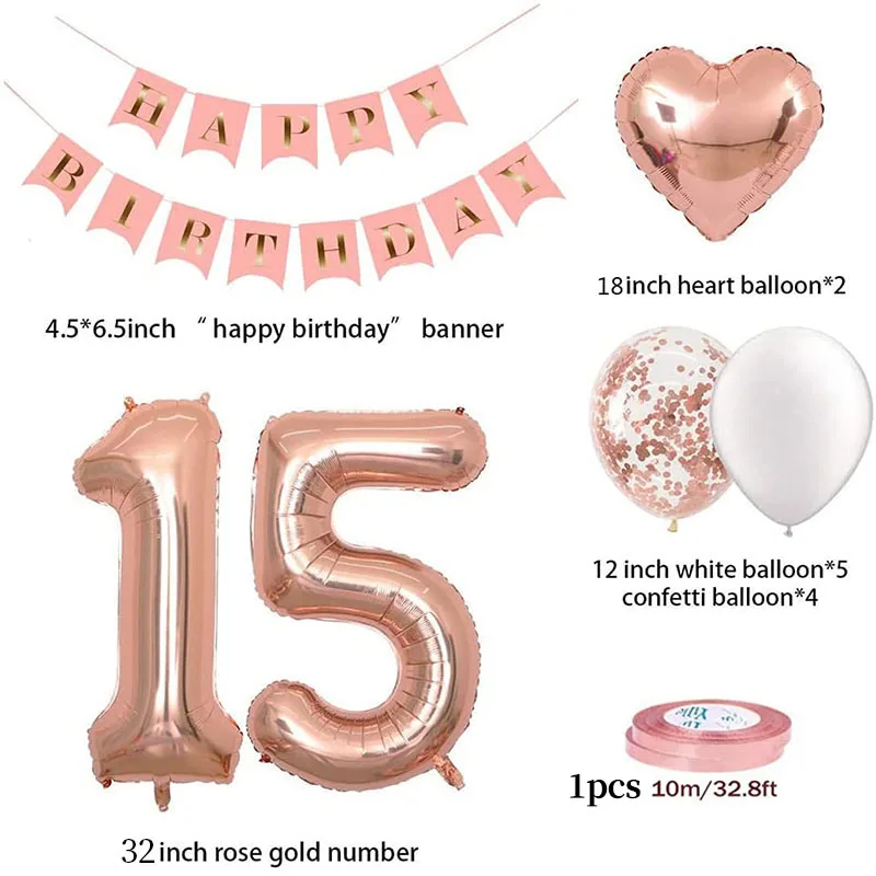 Rose Gold Number 15 Foil Balloons 15th Happy Birthday Party Decorations Kids Boy Girl Fifteen Year Old Anniversary Supplies