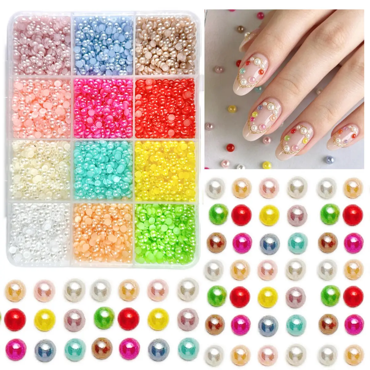 1Box New Glossy Semi-circular Pearls Nail Charms 3mm Solid Color Simulated Flatback Pearls Nail Art Decorations for DIY Nails