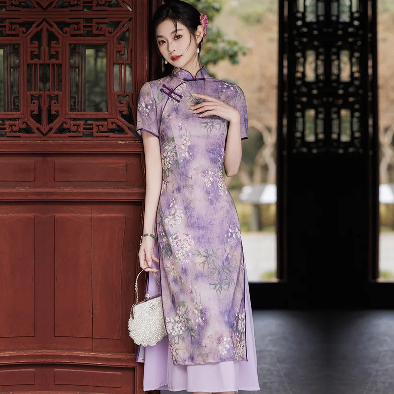 

Women Qipao Elegant Chinese Tradition Dress Improved Aodai Qipao Summer Spring New Vestidos Print Cheongsam Mesh Banquet Gown