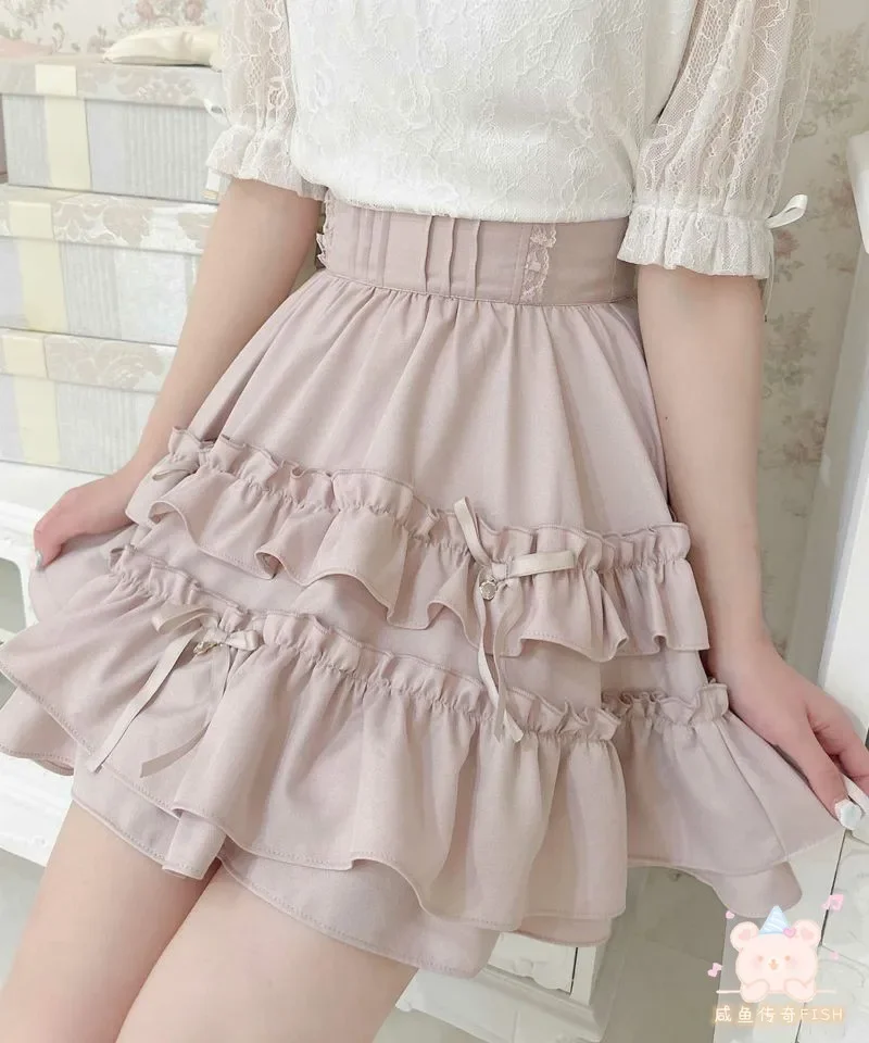 Japanese Summer New Pendant Ribbon Layer Cake Short Skirt Girl Mass- Produced All-Match Sweet Girls Daily High Waist Mini Skirts