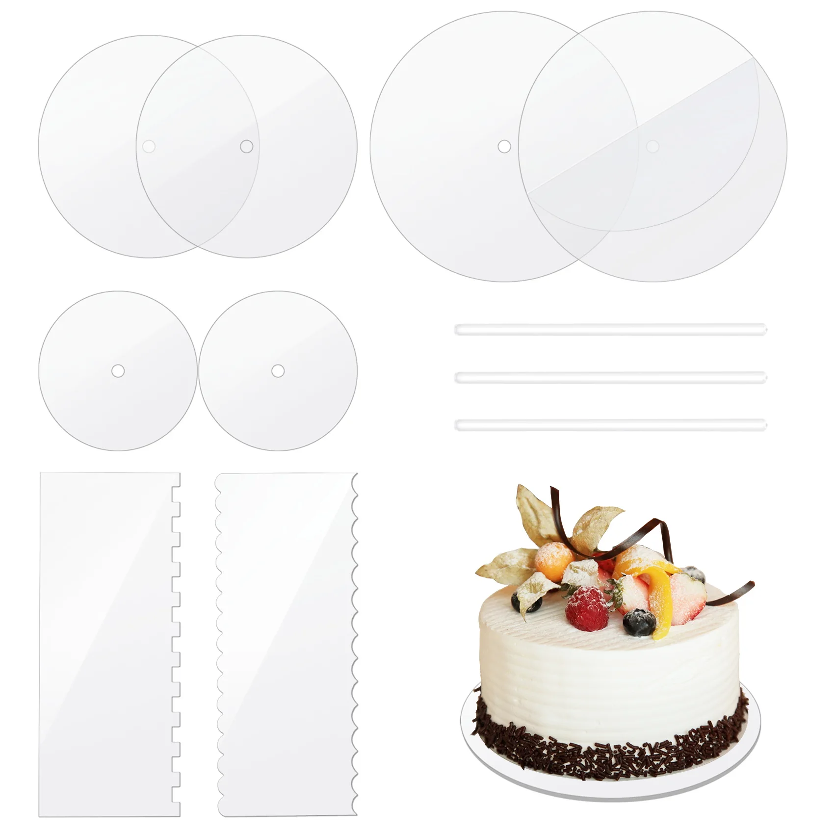 Acrylic Round Cake Disk Set - Cake Discs Circle Base Boards with Center Hole - 2 Comb Scrapers (4 Patterns) & Dowel Rod