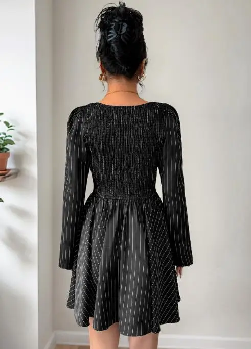 

Womens Dresses 2025 New Elegant and Dignified Long Sleeved Contrasting Dress Patchwork Autumn Striped Dress for Women