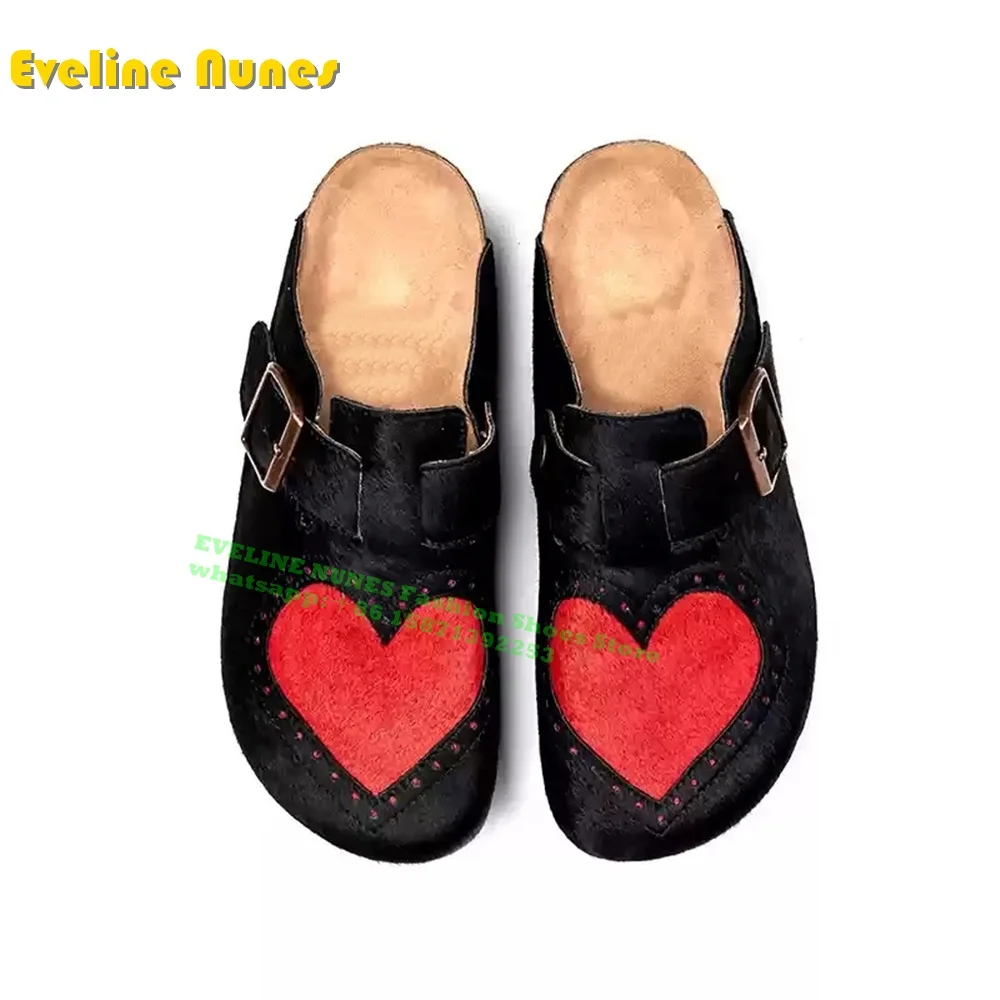 Horsehair Heart Cover Toe Slippers Round Toe Flat with Slip On Casual Couple Mules Cow Pattern Summer All Match Pumps 2024 Trend