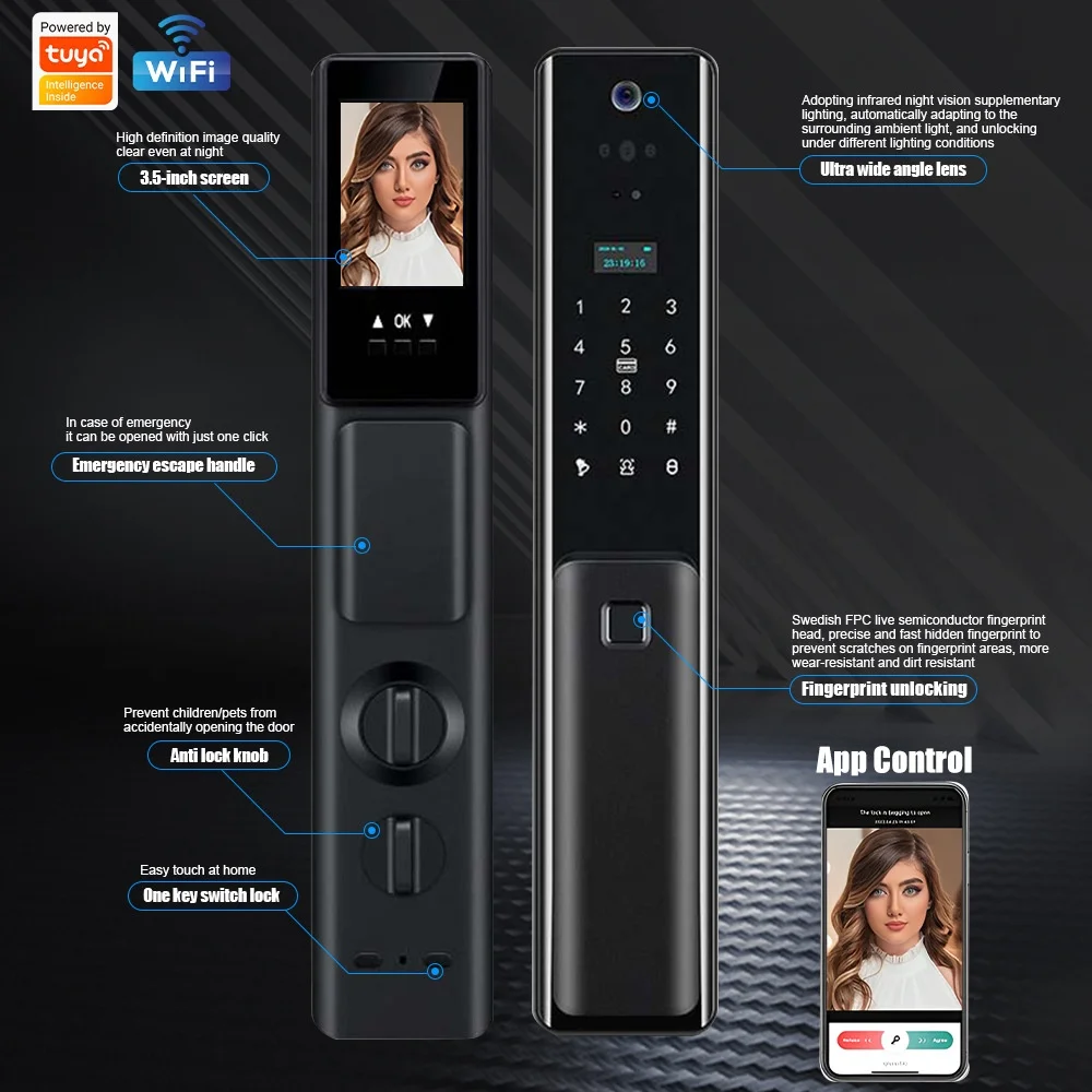 指紋パスワード電子WIFIリモート全自動3D顔認識ビジュアルキャットアイドア