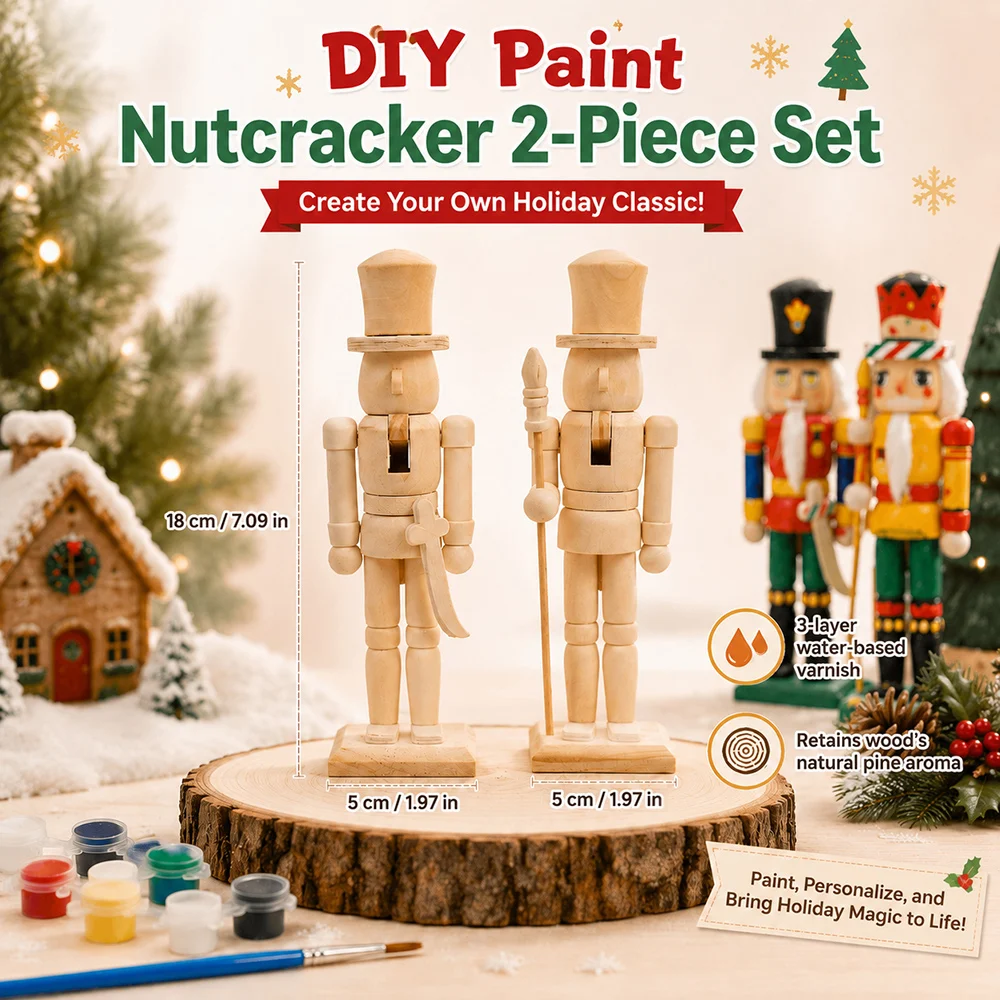 18CM Set of 2 Wooden Nutcracker Set Creative DIY Coloring Figurines painting Supplies Parent-child Interaction Decor Gift