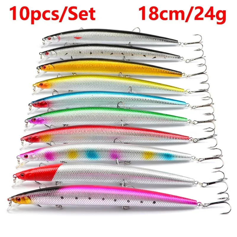 

10Pcs Mixed Color Fishing Lure Set 18cm 24g Trolling Minnow Wobblers Artificial Hard Bait with 2# Hooks Sea Fishing Tackle