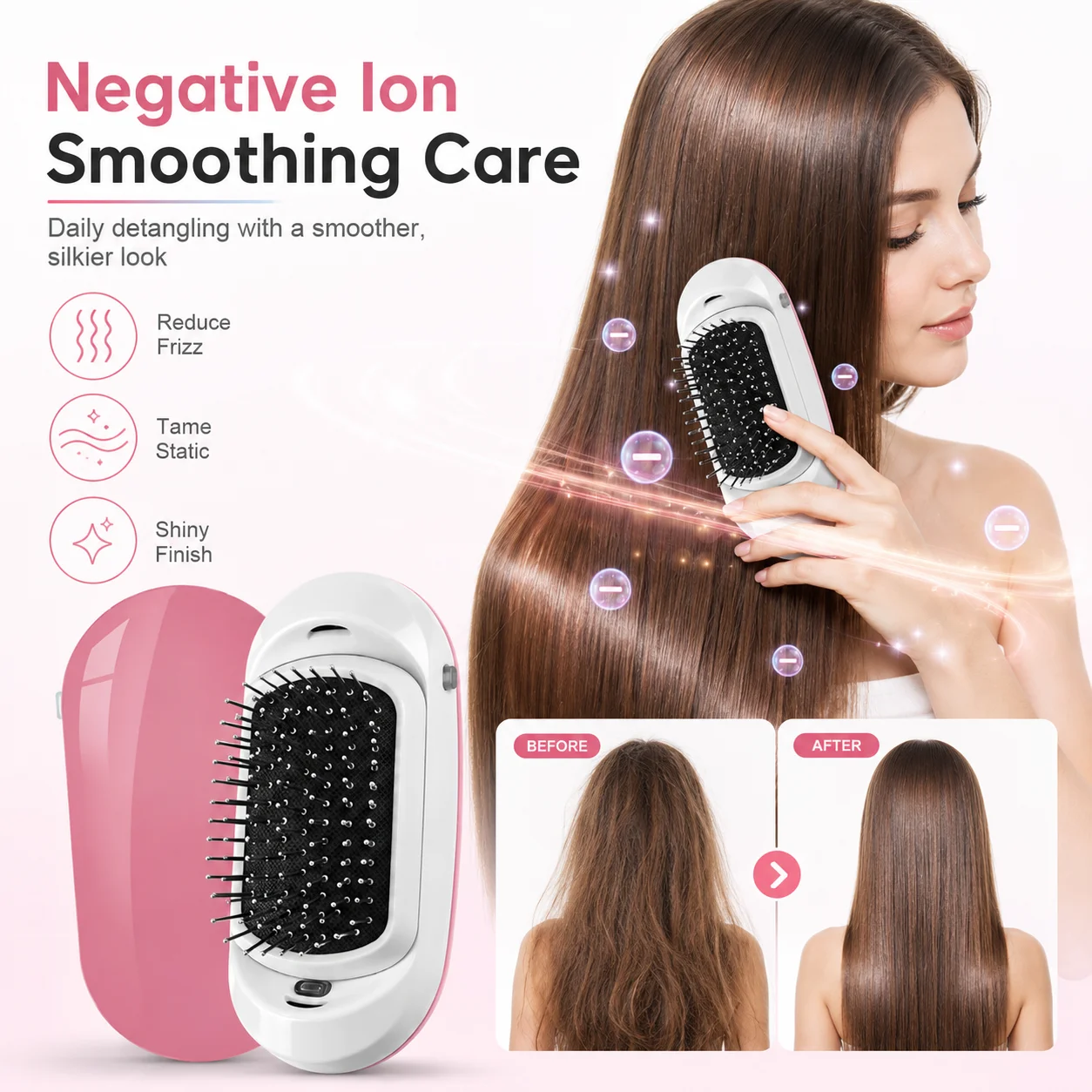 Portable Negative Ion Hairbrush – Smooth & Detangle, Gentle Scalp Massage, Travel Ready, Cordless Hair Care Tool view 2