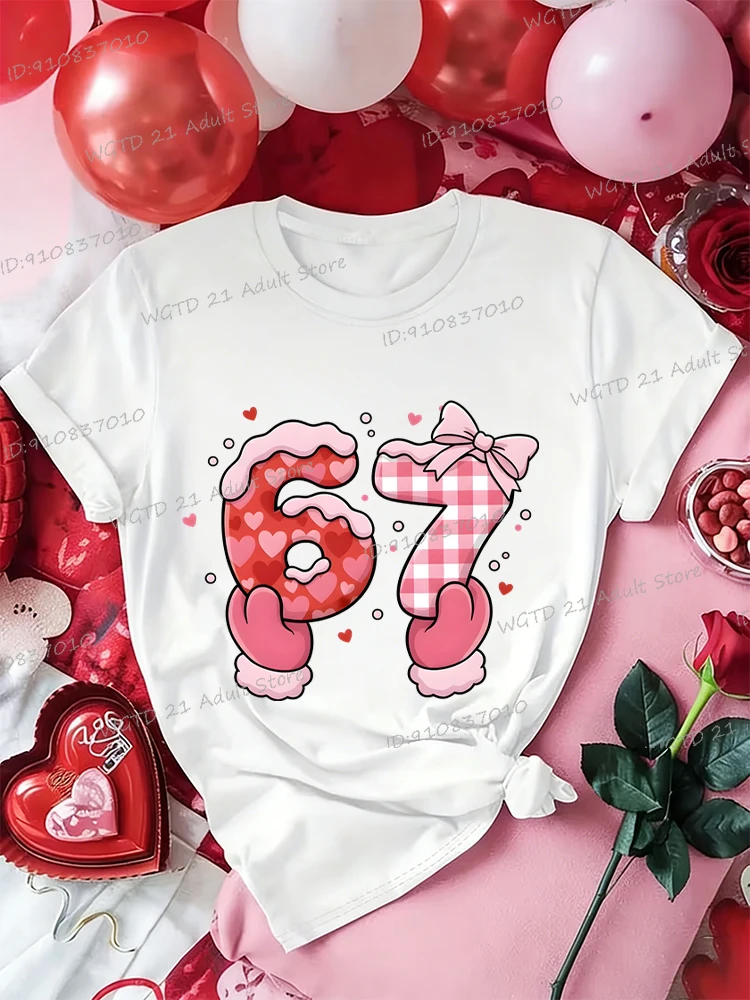 

Женская розовая футболка с принтом 67, модная футболка с подарочным принтом на День святого Валентина, милые элегантные повседневные футболки с короткими рукавами и круглым вырезом