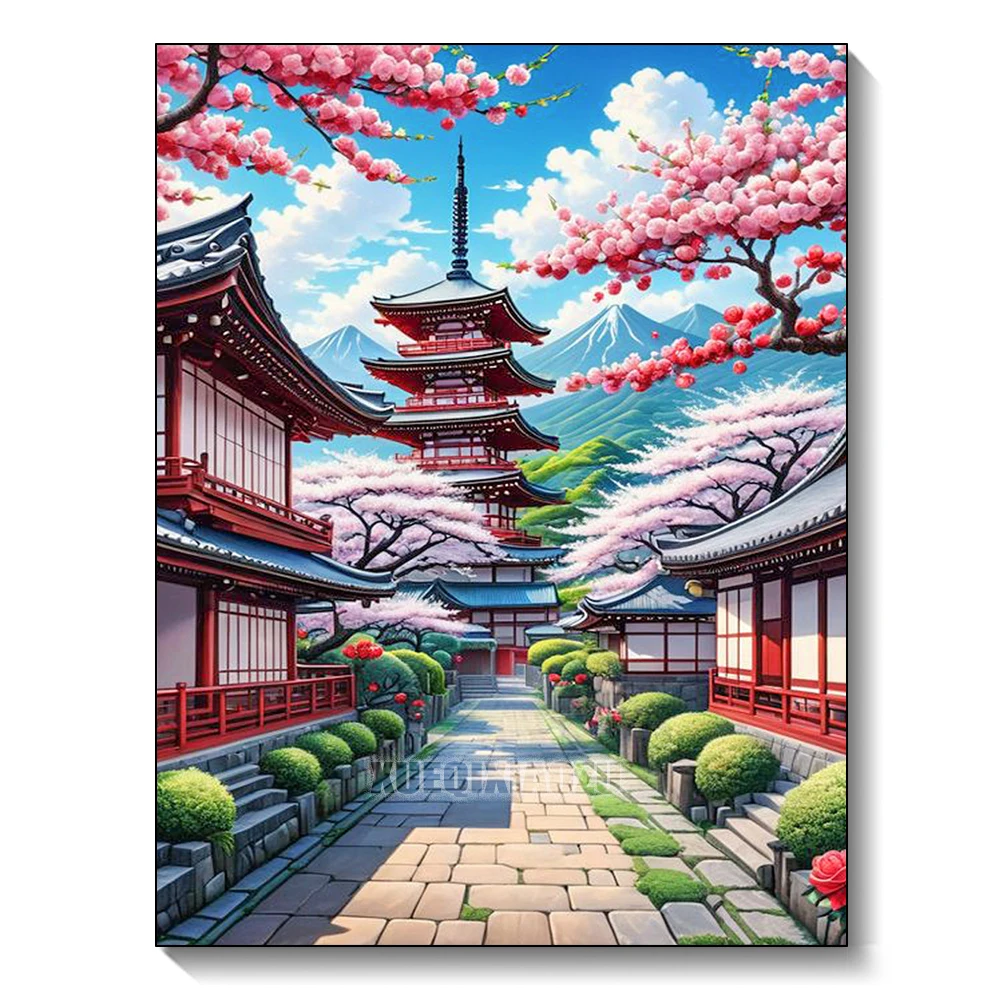 DIY Diamond Painting Cherry Blossom Fuji Mountain Landscape Illustration Mosaic Embroidery Kit Living Room Home Art Wall Decor