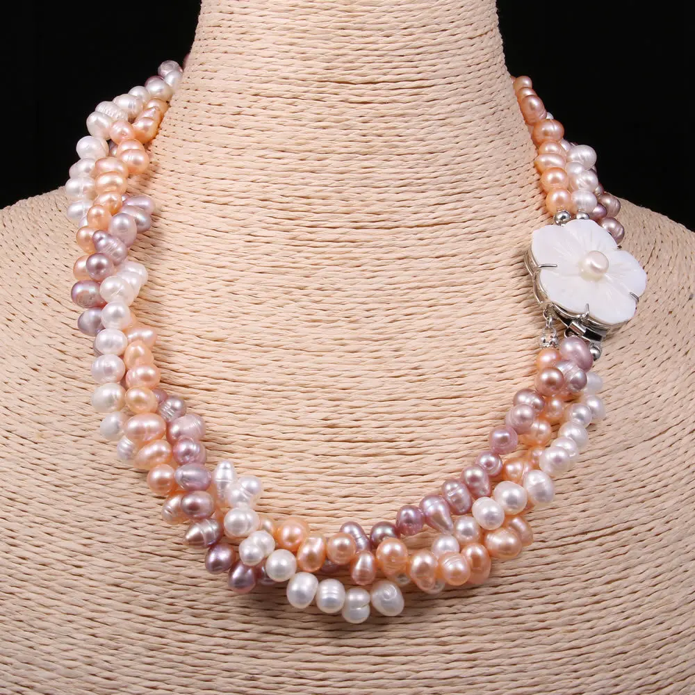 ZHEN-D Jewelry Natural High Luster Multcolor Three-strings style Freshwater Pearl Necklace Flower Shell Connector Gift for Women