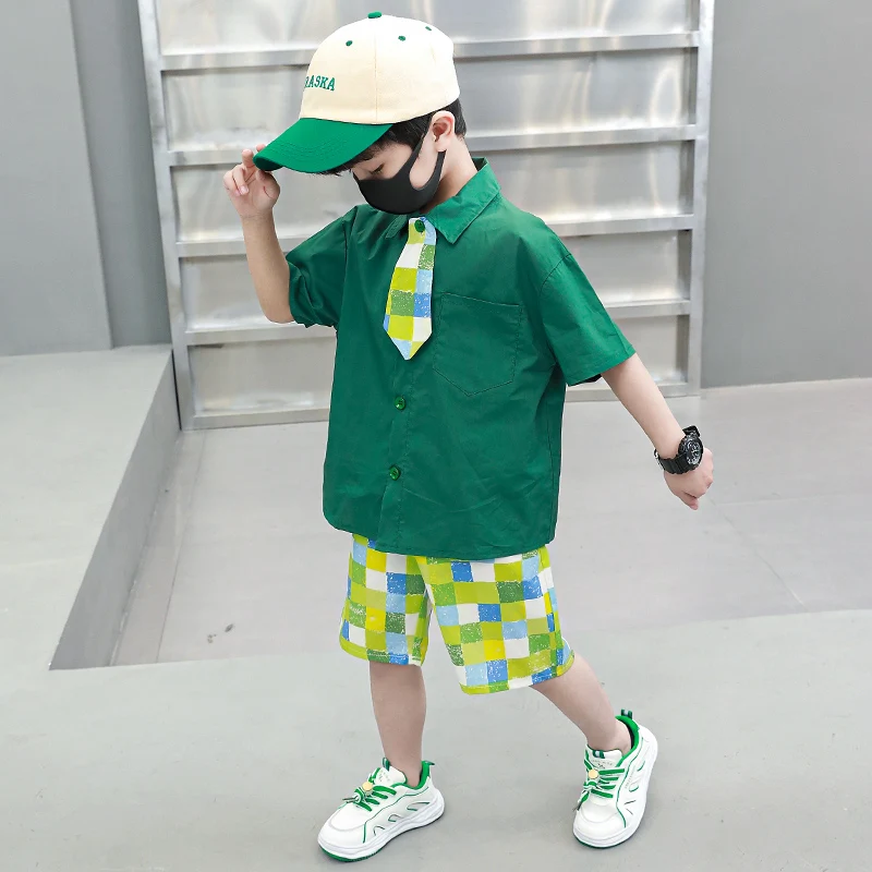 summer kids boys designer clothes short sets Green plaid shirt+Tie+shorts 3pcs kids suit children outfits ensemble short et top