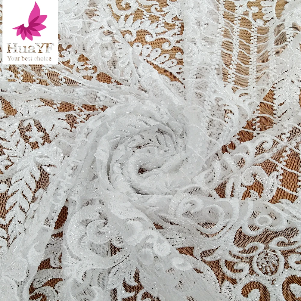 New Nigerian Luxury Pure White Embroidered Beads Bridal Wedding Dress Fabric 5 Yards HY1442