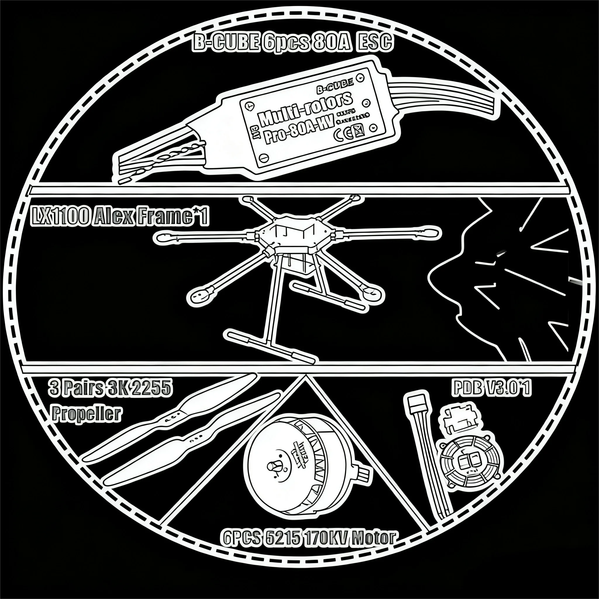 

LX1100 Полностью углеродное волокно, 1100 мм, рама с шестью роторами B-Cube 80A Esc Group 6215 Двигатель Pixhawk 2.4.8 M8N GPS Flight Control Ardupilot