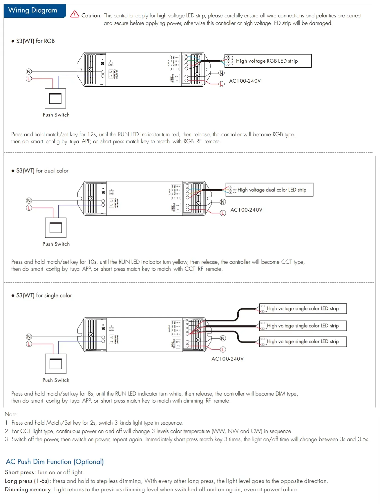 AC100-240V 3CH*1A WiFi & RF High Voltage Controller Skydance RF2.4G S3(WT) RGB LED Strip Controller Tuya APP Cloud/Voice Control