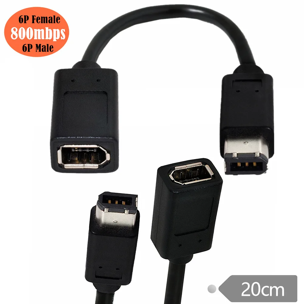 Black IEEE 1394 Cable 1394 6Pin Female To 1394b 6Pin Male Firewire 400 To 400 Male To Female Extension Short Cable 20cm