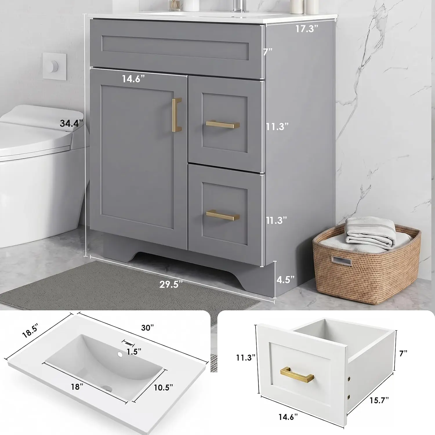 30 Inch Bathroom Vanity with Sink, Modern Bathroom Vanity with Ceramic Basin & Countertop, Space-Saving Storage, Customized