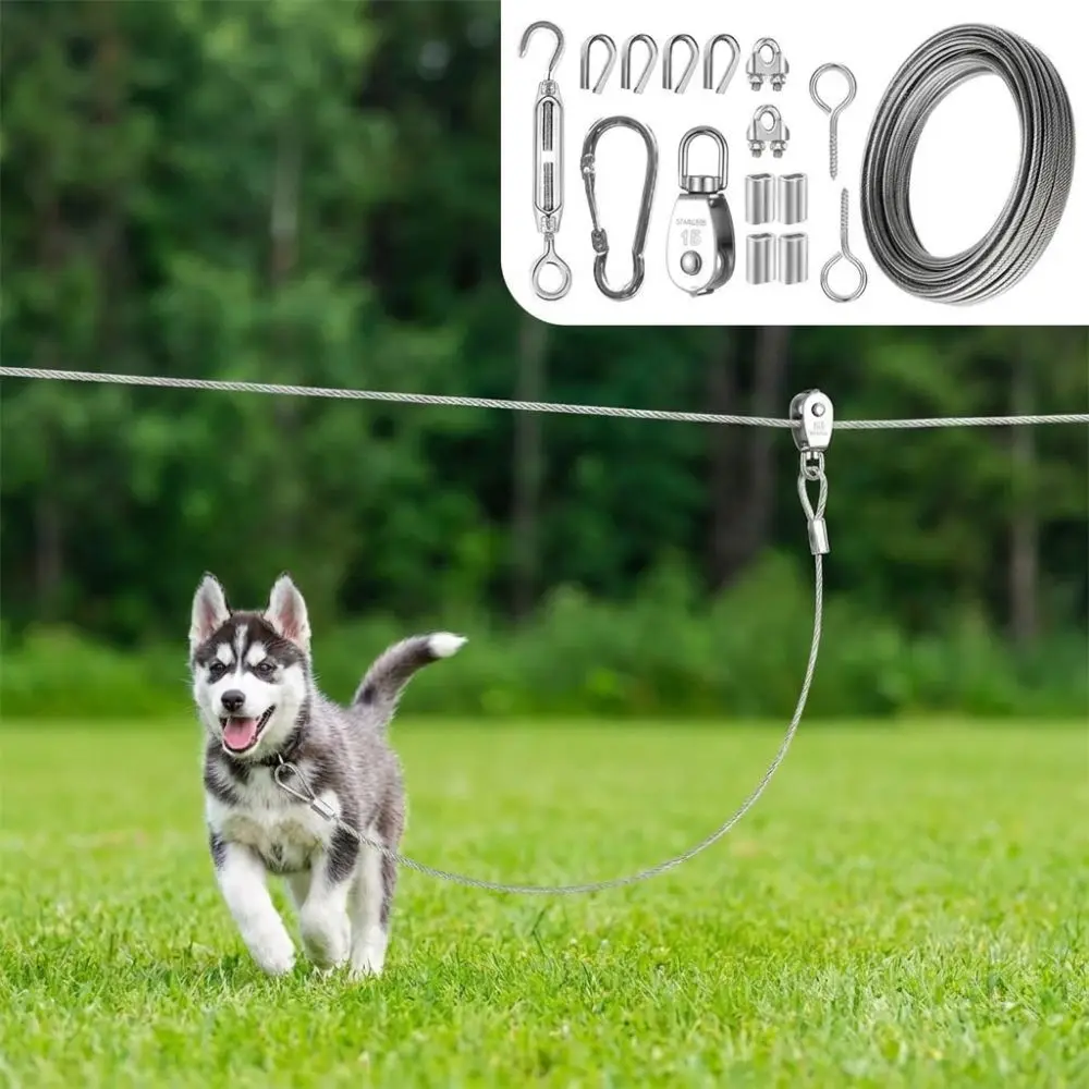 15/30M Outdoor Dog Tie Out Cable Metal Buckle Anti Rust Dog Runner for Yard Wear Resistant Shock-Absorbing